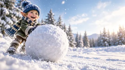 Happy Elf Child Rolling A Large Snowball