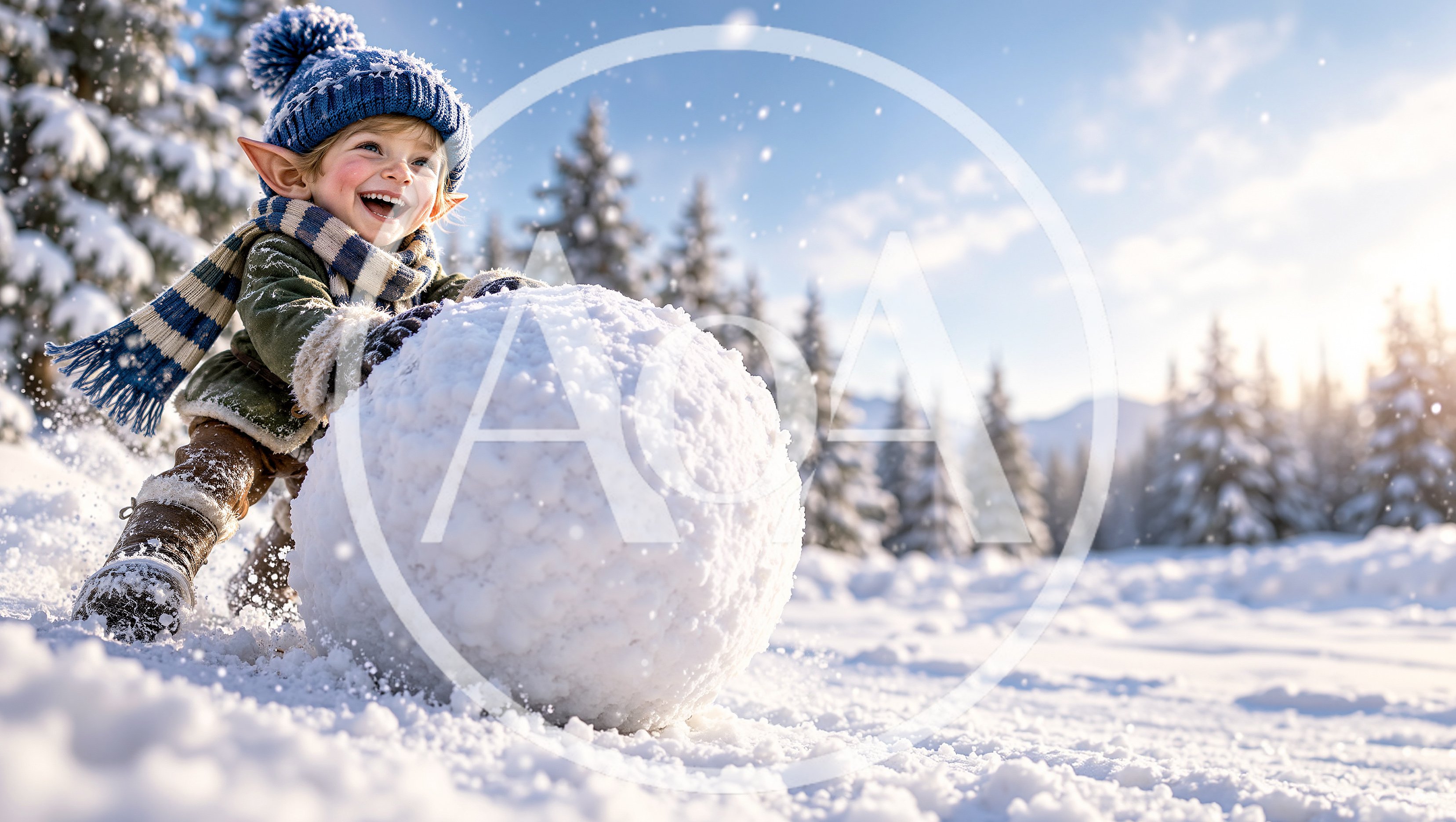 Happy Elf Child Rolling A Large Snowball