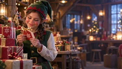 Young Female Elf Examining A Christmas Gift Tag