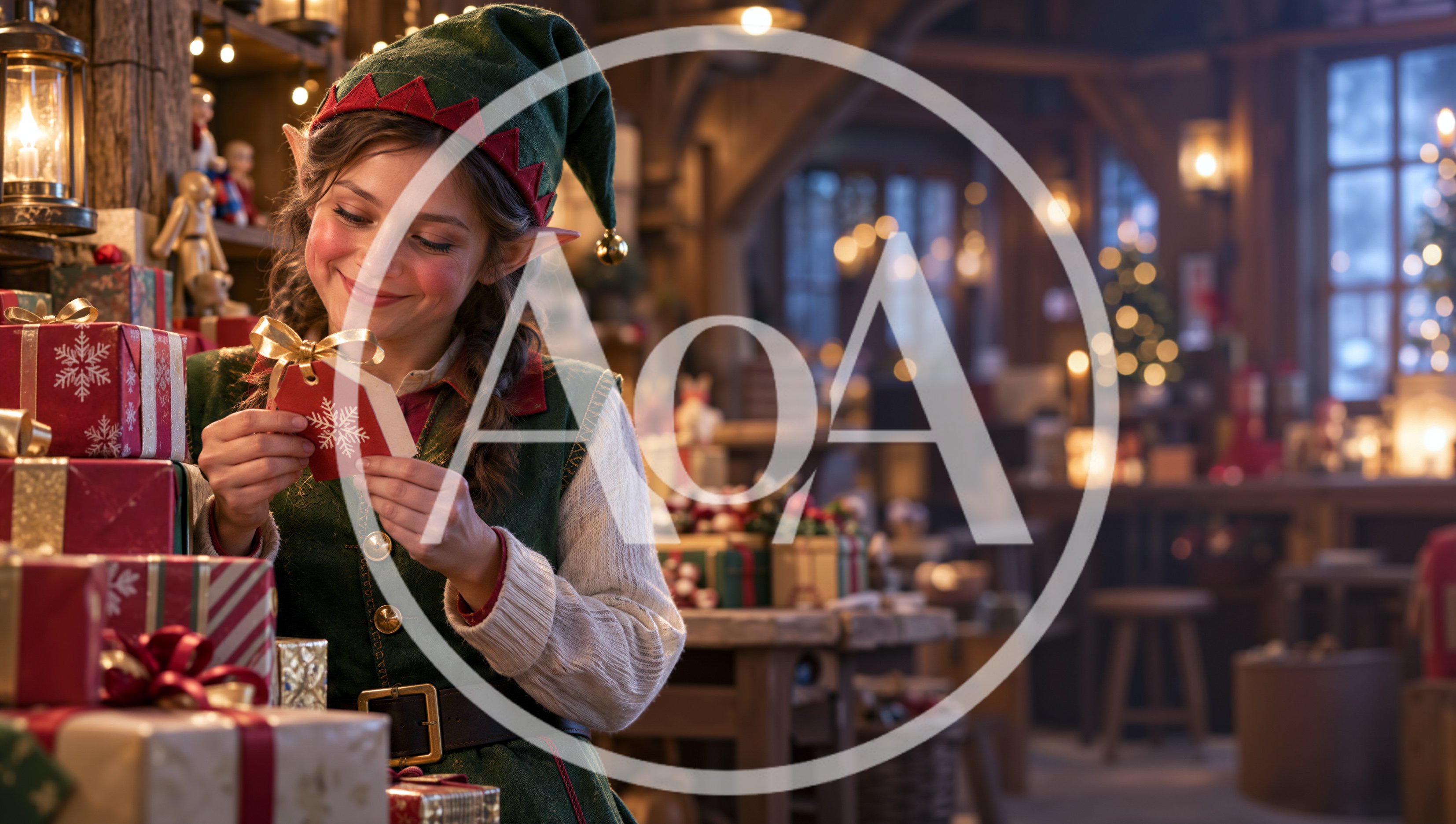 Young Female Elf Examining A Christmas Gift Tag