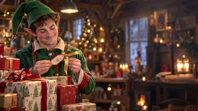 Elf Examining Gift Tag in Cozy Workshop