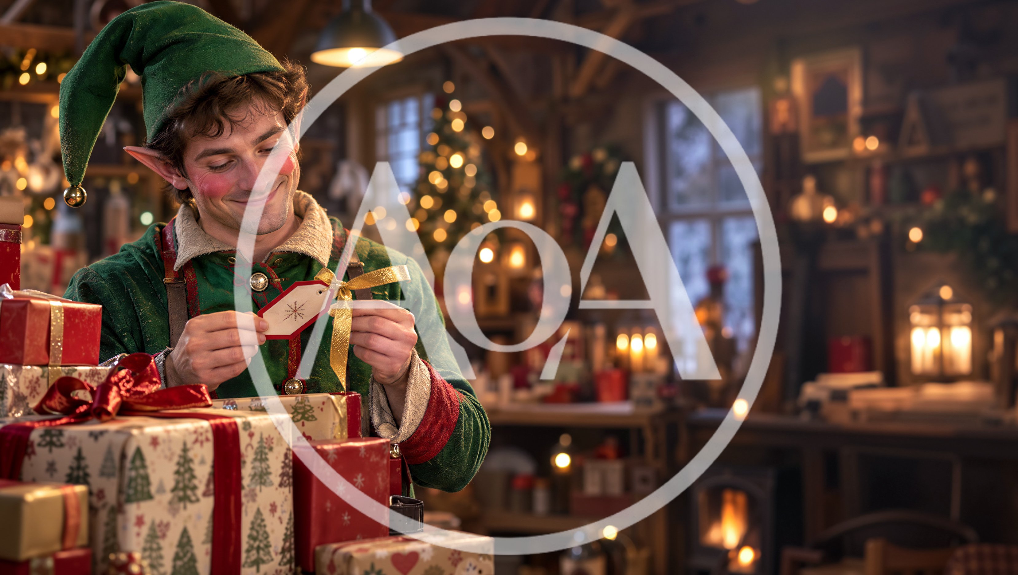 Elf Examining Gift Tag in Cozy Workshop