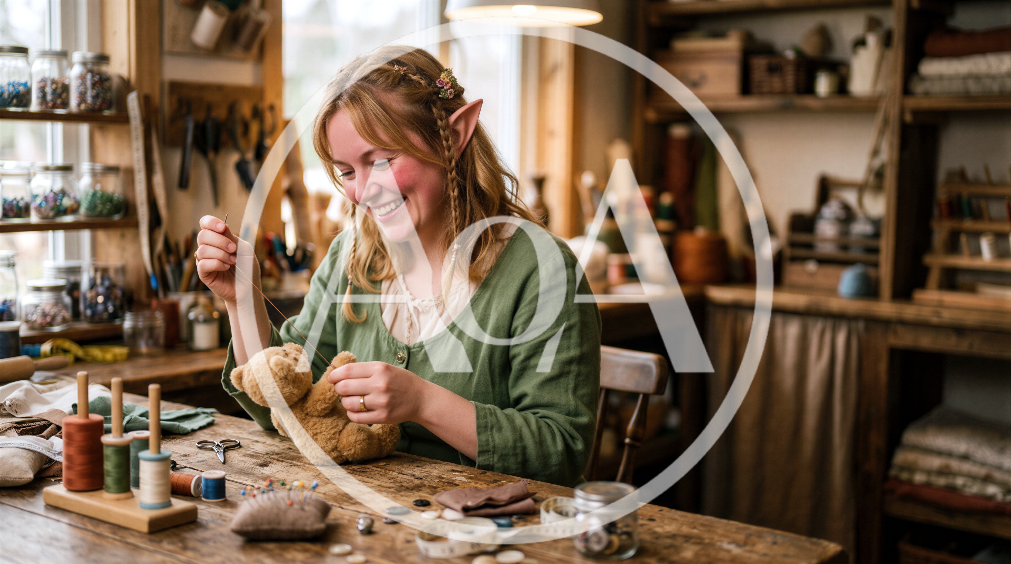 Elf Seamstress Sewing A Small Teddy Bear