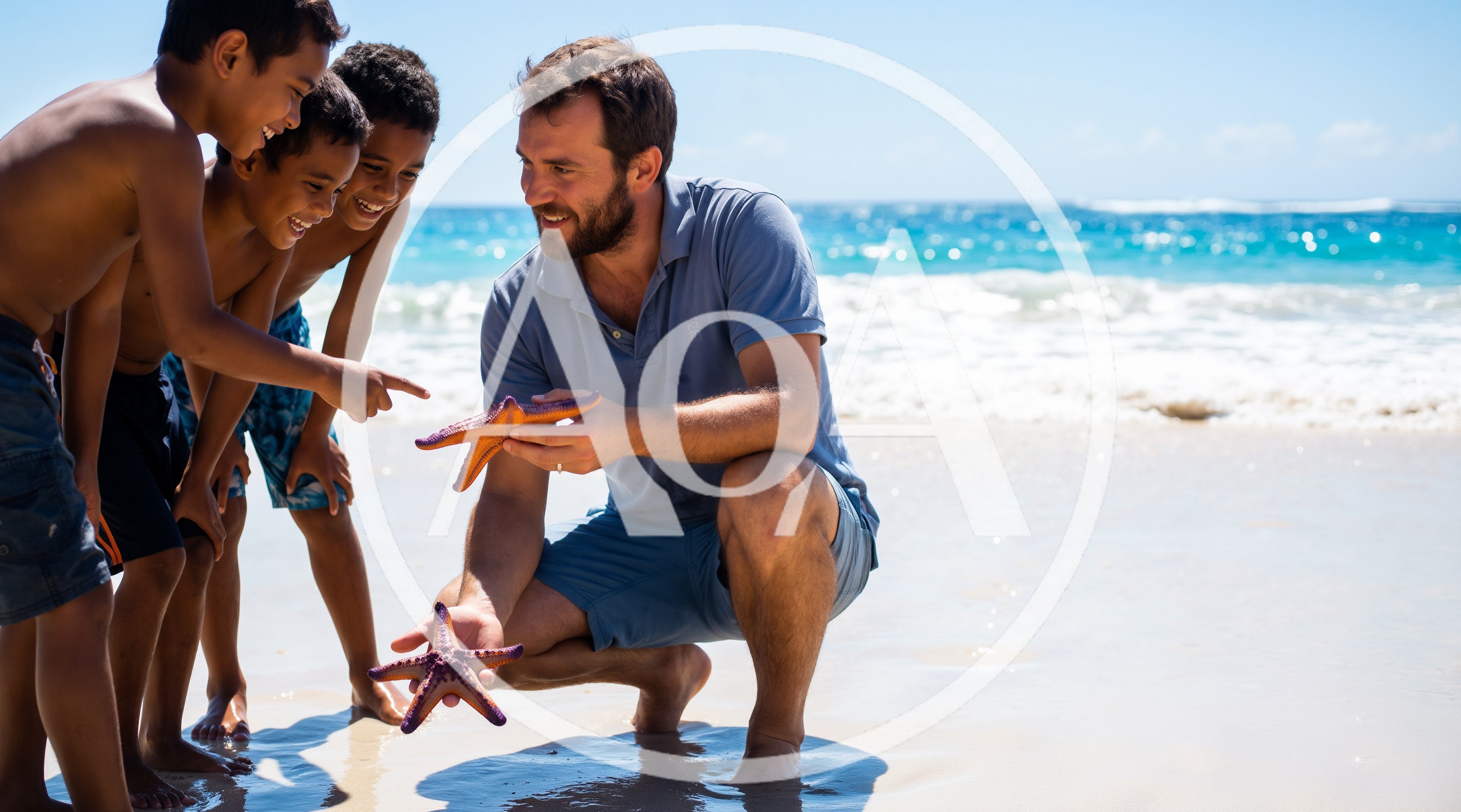 Father Showing Starfish To His Children On Beach