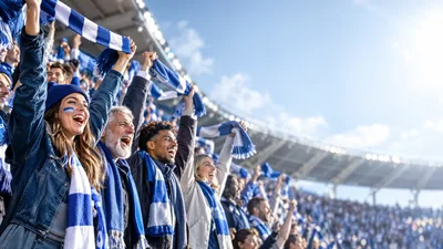 Diverse Soccer Fans Cheering With Blue Scarves