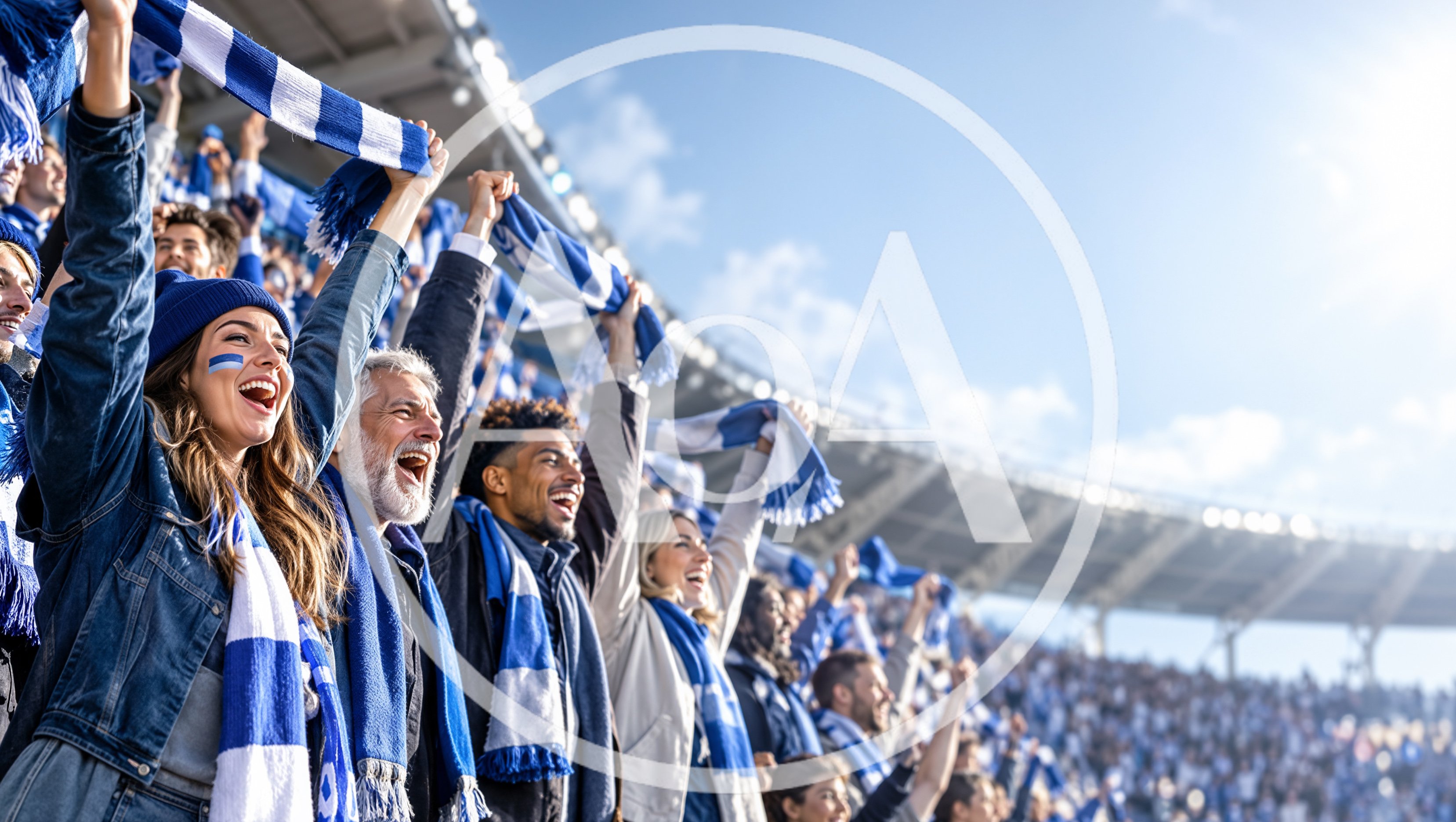 Diverse Soccer Fans Cheering With Blue Scarves