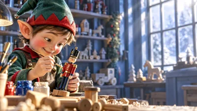 Young Elf Painting A Wooden Nutcracker Toy
