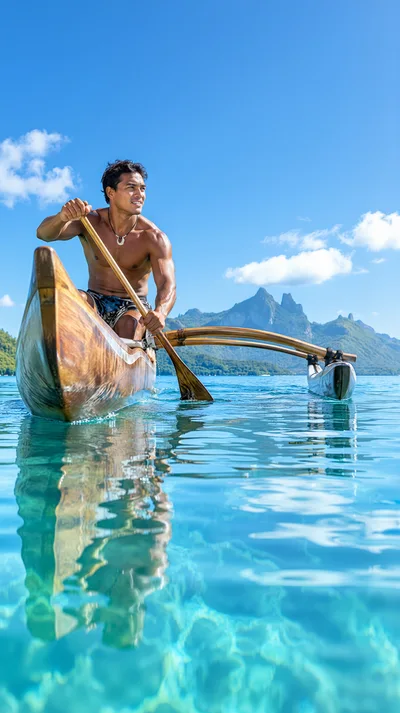 Polynesian Man Paddling Traditional Outrigger Canoe