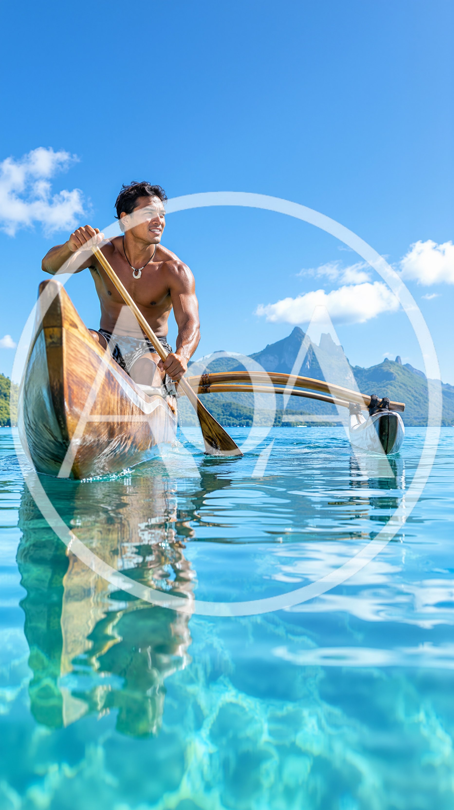 Polynesian Man Paddling Traditional Outrigger Canoe