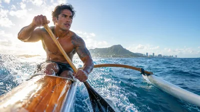 Polynesian Man Paddling Outrigger Canoe Near Diamond Head