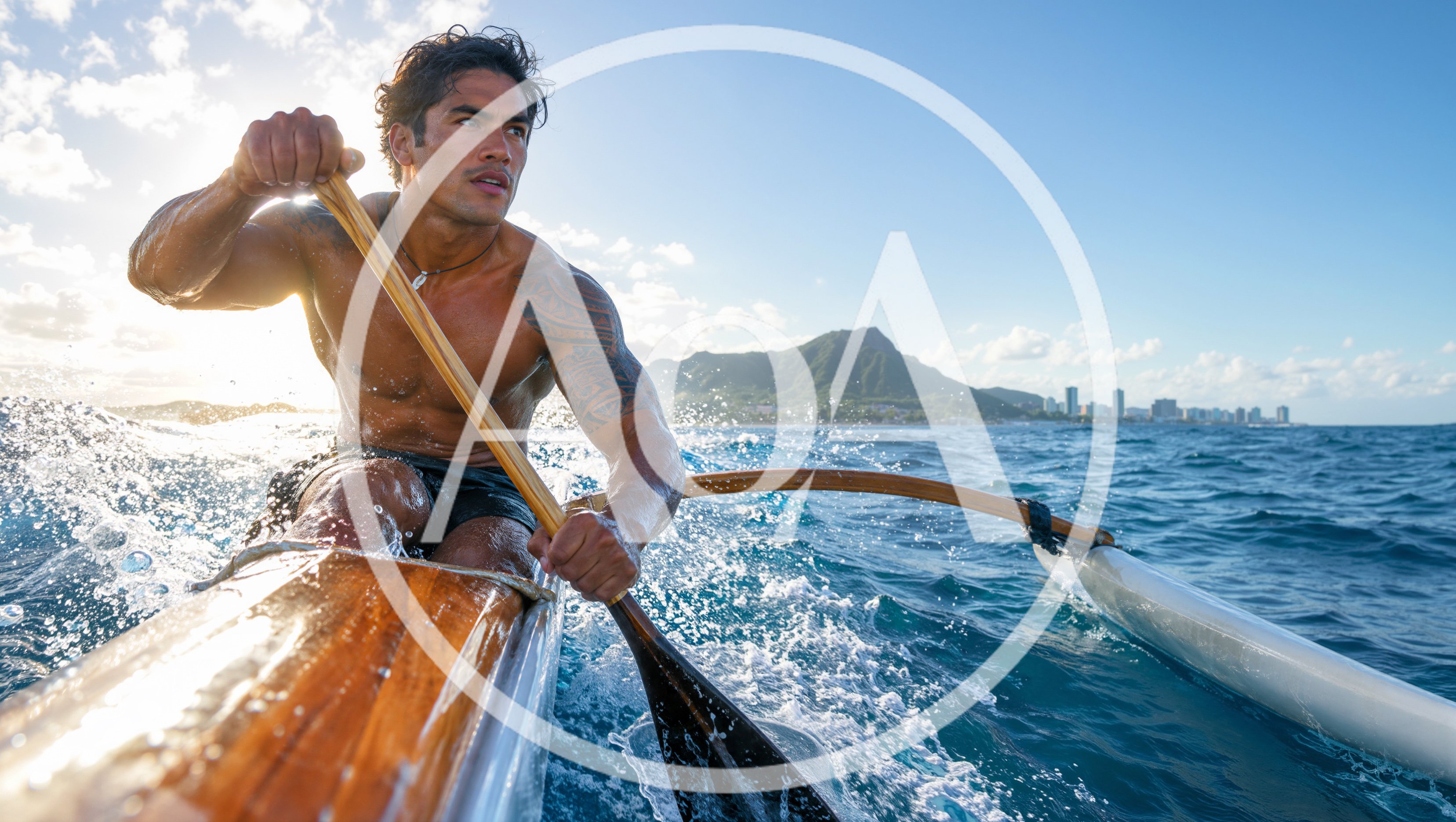 Polynesian Man Paddling Outrigger Canoe Near Diamond Head