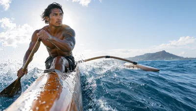 Athletic Man Paddling Traditional Outrigger Canoe In Hawaii