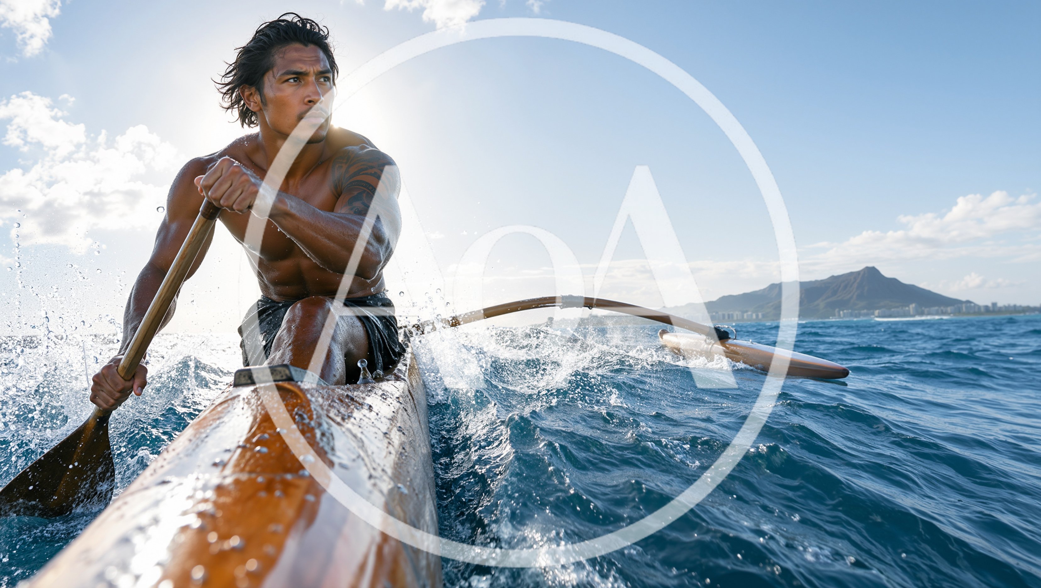 Athletic Man Paddling Traditional Outrigger Canoe In Hawaii