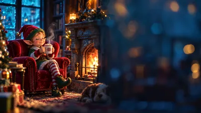 Cute Christmas Elf Relaxing by a Cozy Fireplace