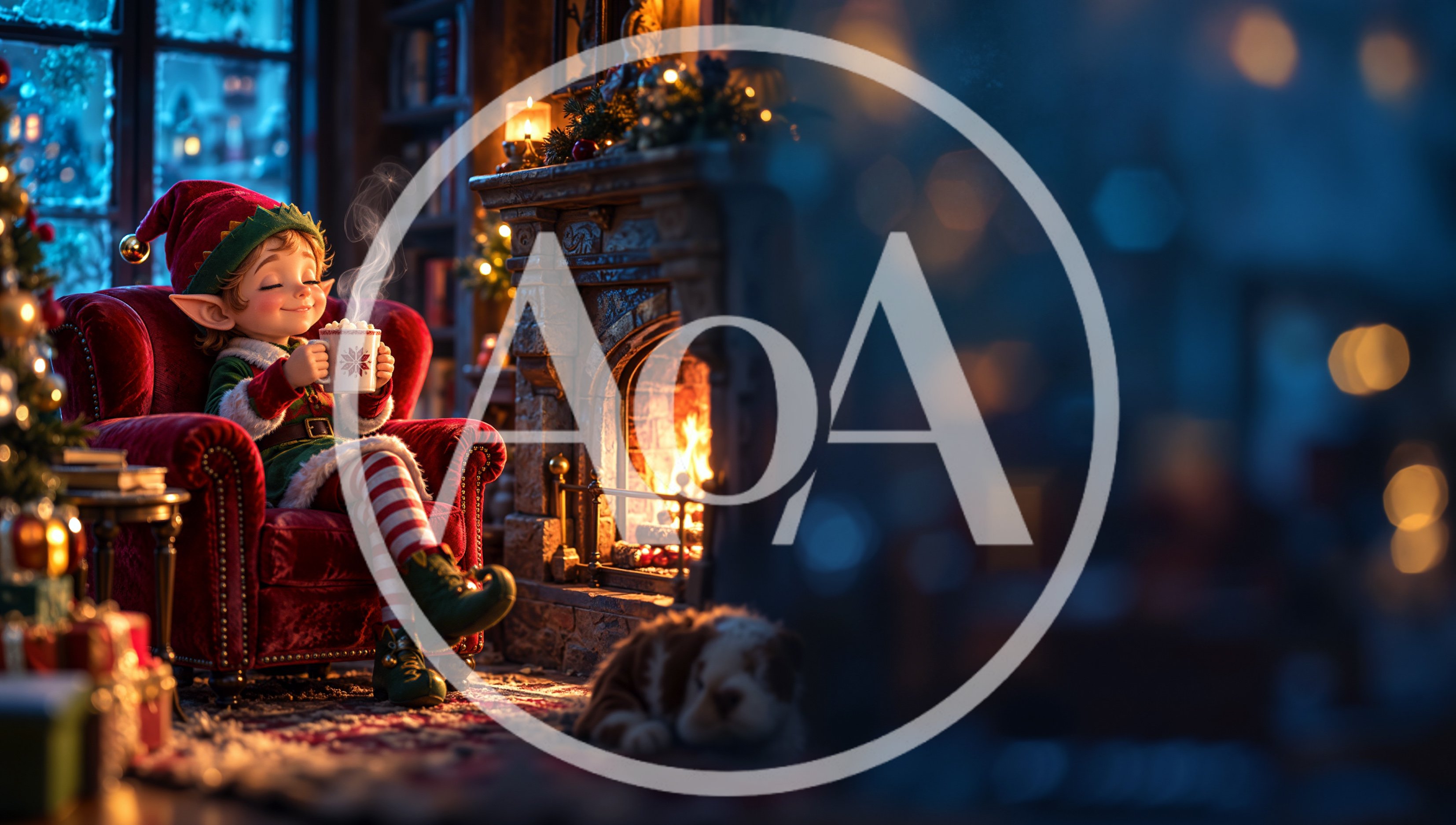 Cute Christmas Elf Relaxing by a Cozy Fireplace
