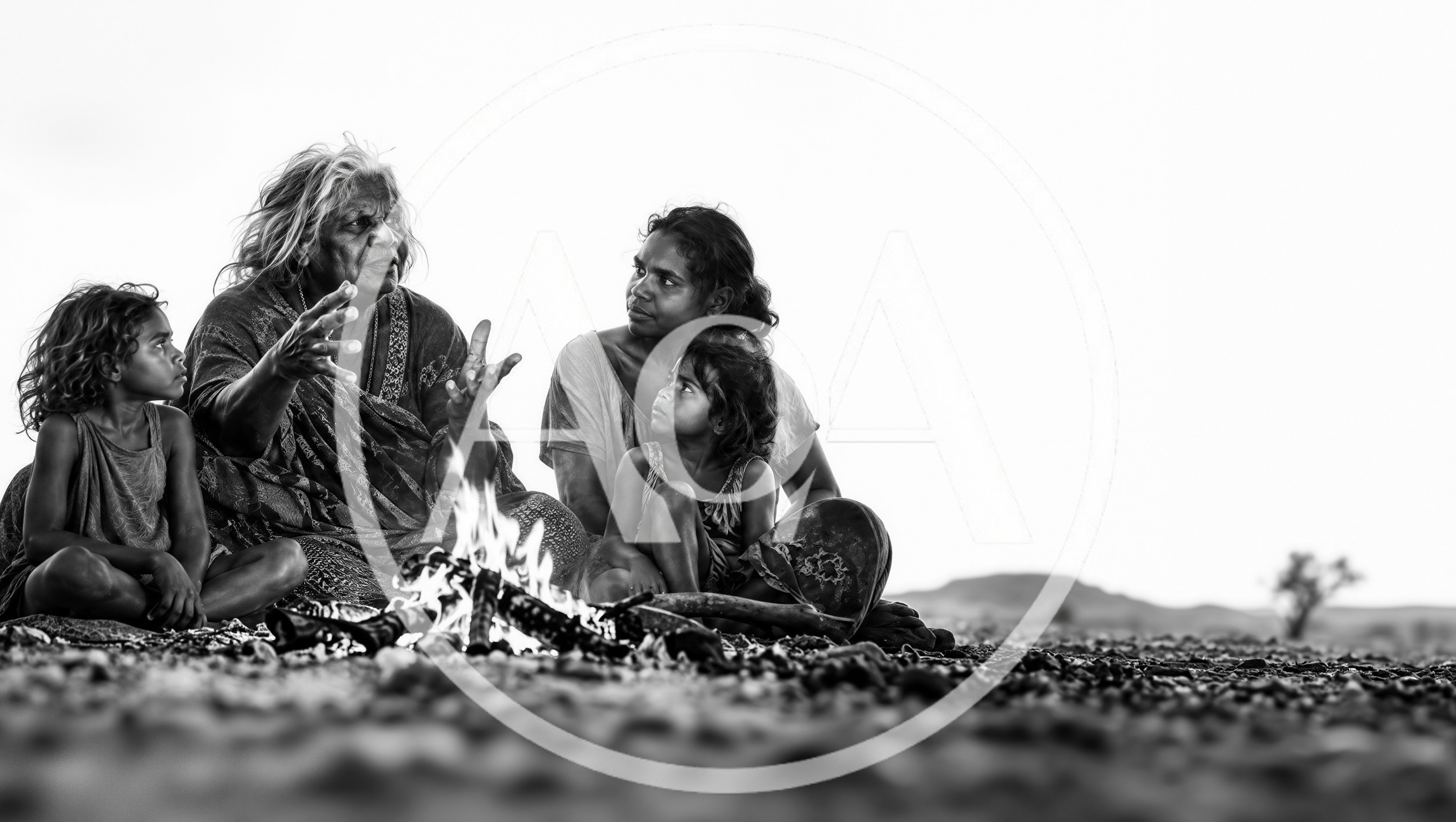 Indigenous Australian Family Gathering Around A Campfire