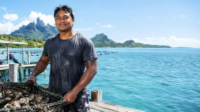Polynesian Pearl Farmer Holding Oyster Basket On Dock