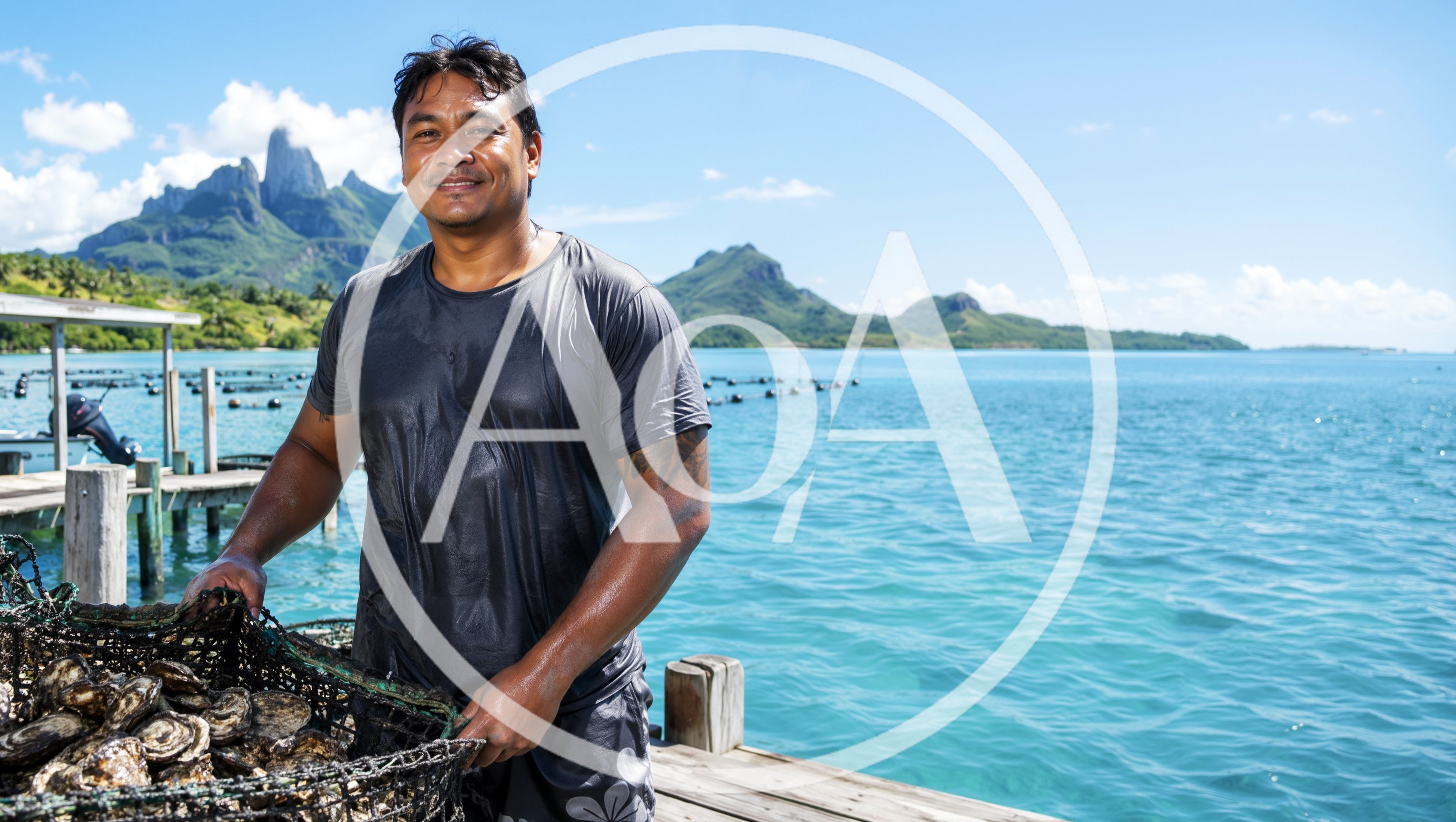 Polynesian Pearl Farmer Holding Oyster Basket On Dock