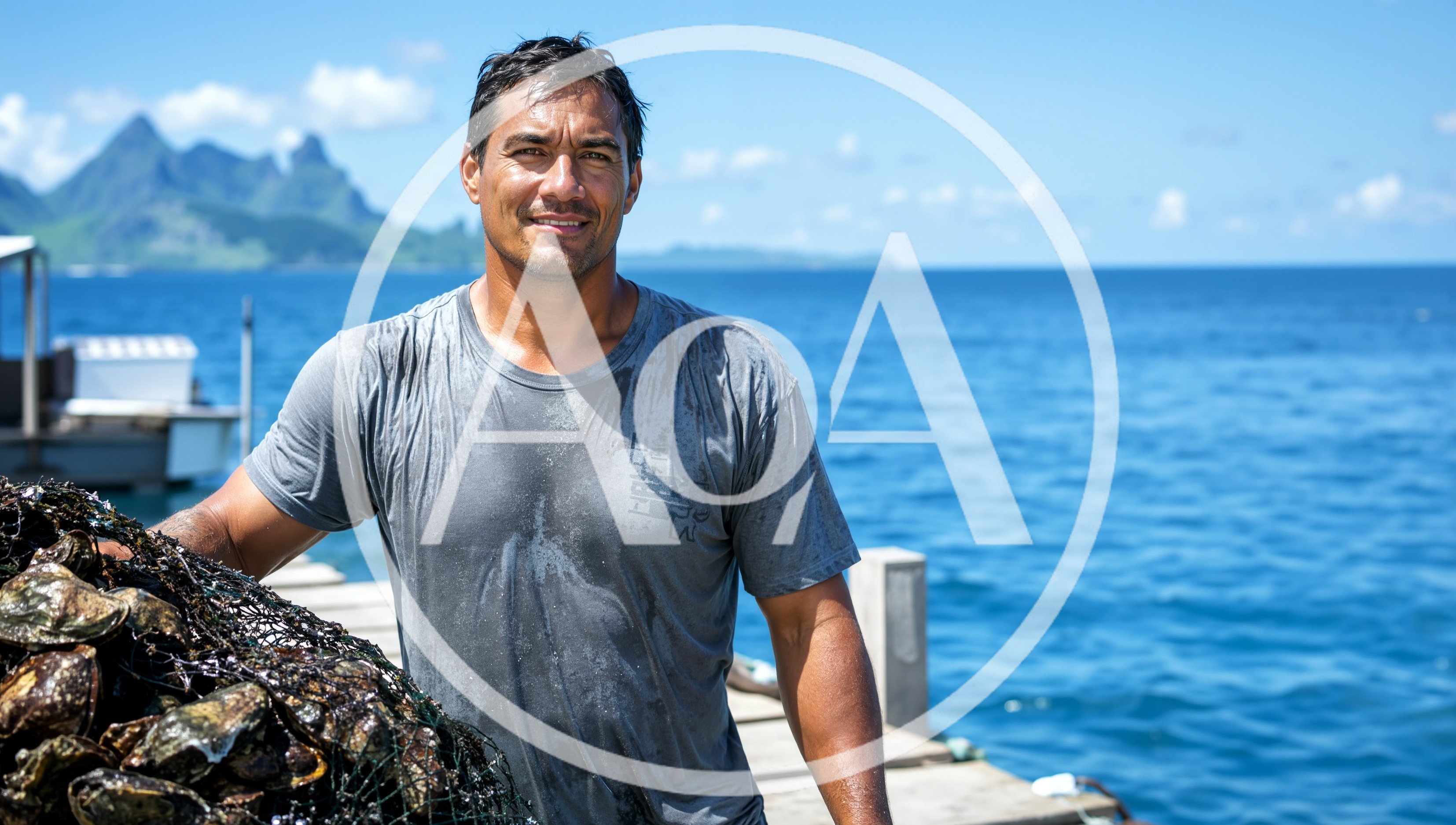 Pearl Farmer Holding Oyster Net on Tropical Dock