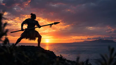 Polynesian Warrior Holding Spear At Sunset