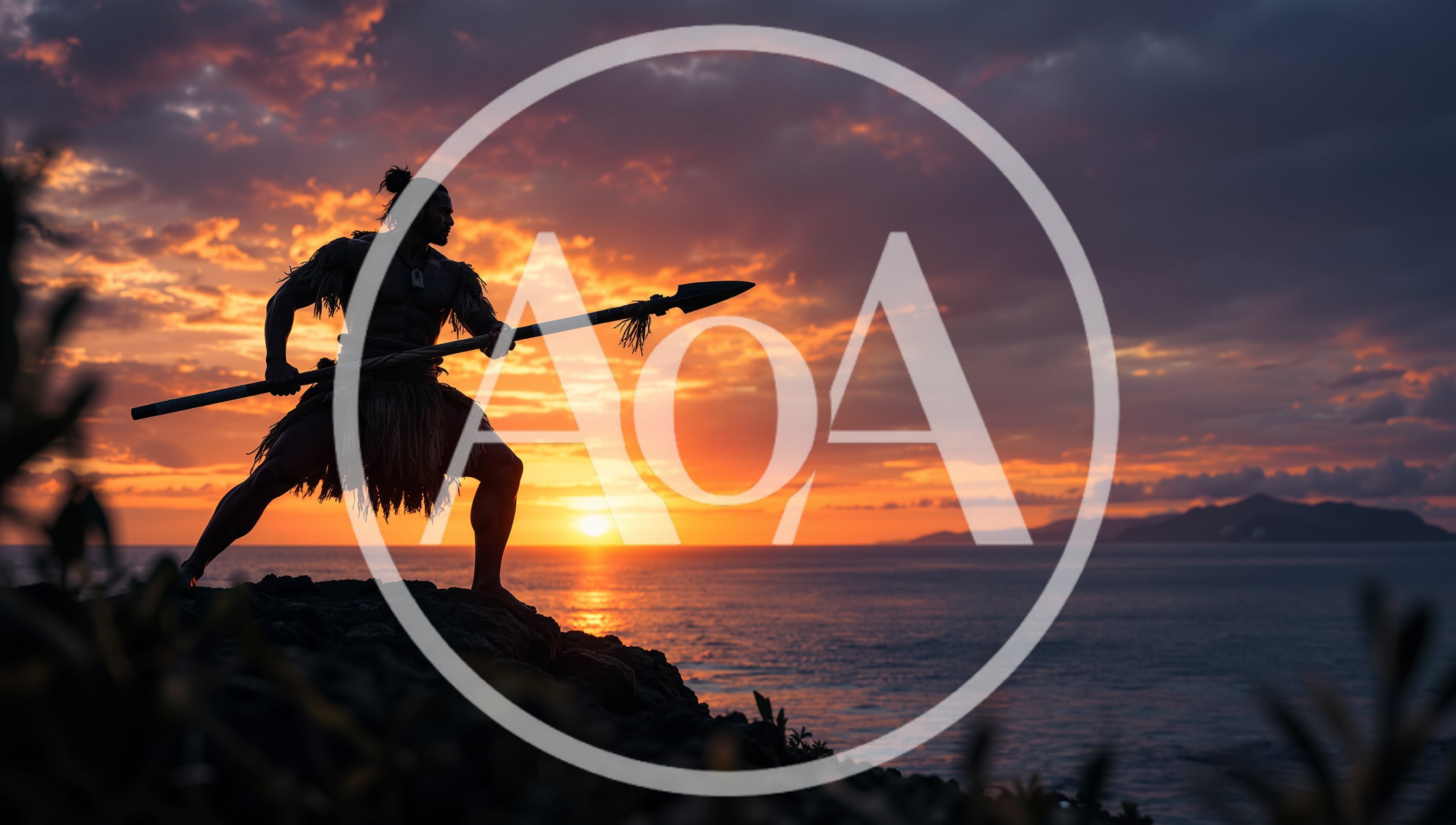 Polynesian Warrior Holding Spear At Sunset