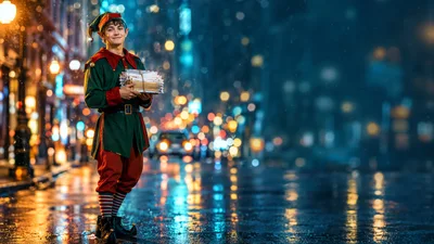 Young Man Dressed As Christmas Elf Holding Letters