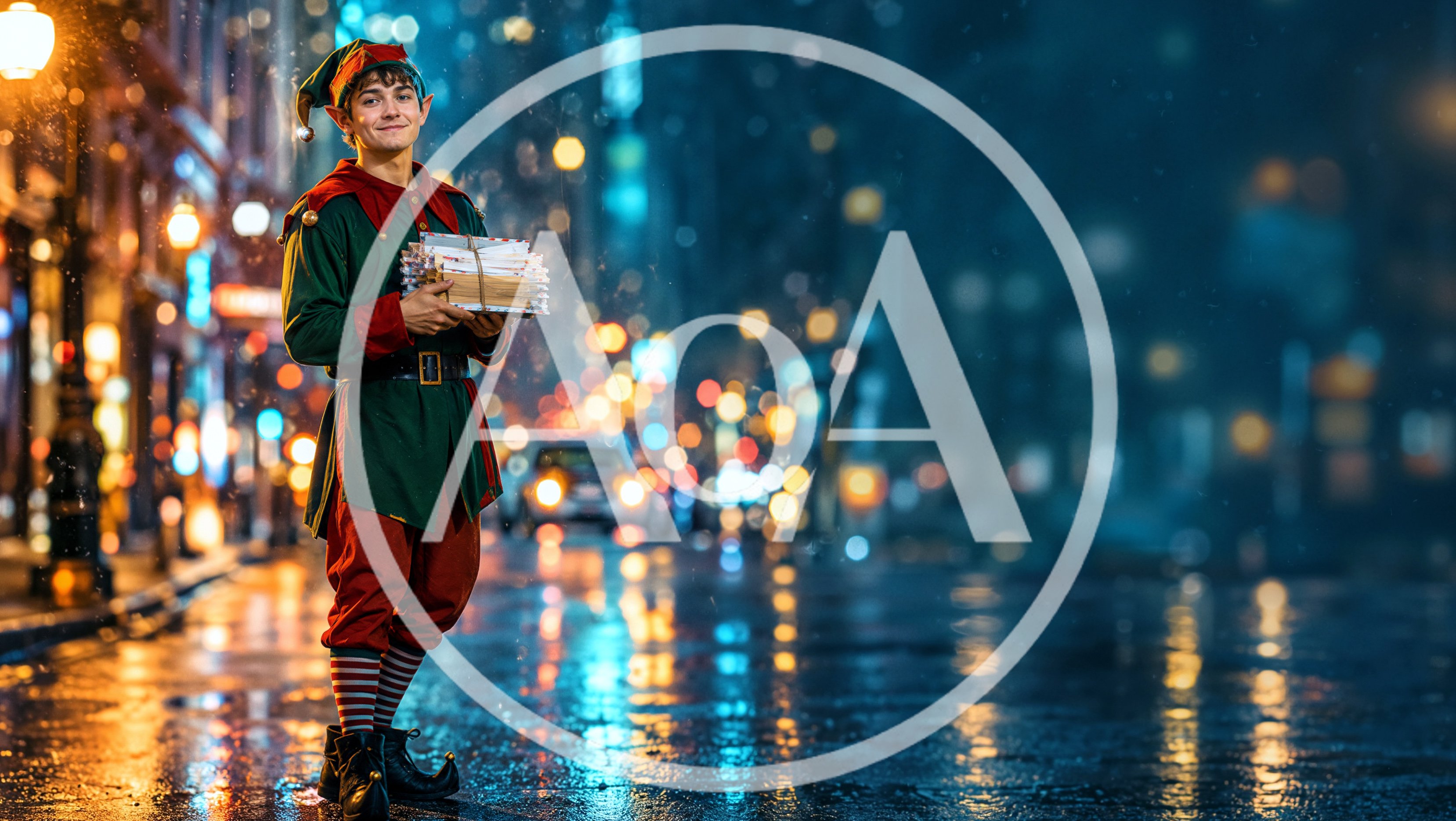 Young Man Dressed As Christmas Elf Holding Letters
