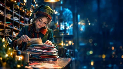Young Elf Sorting Christmas Letters In A Workshop