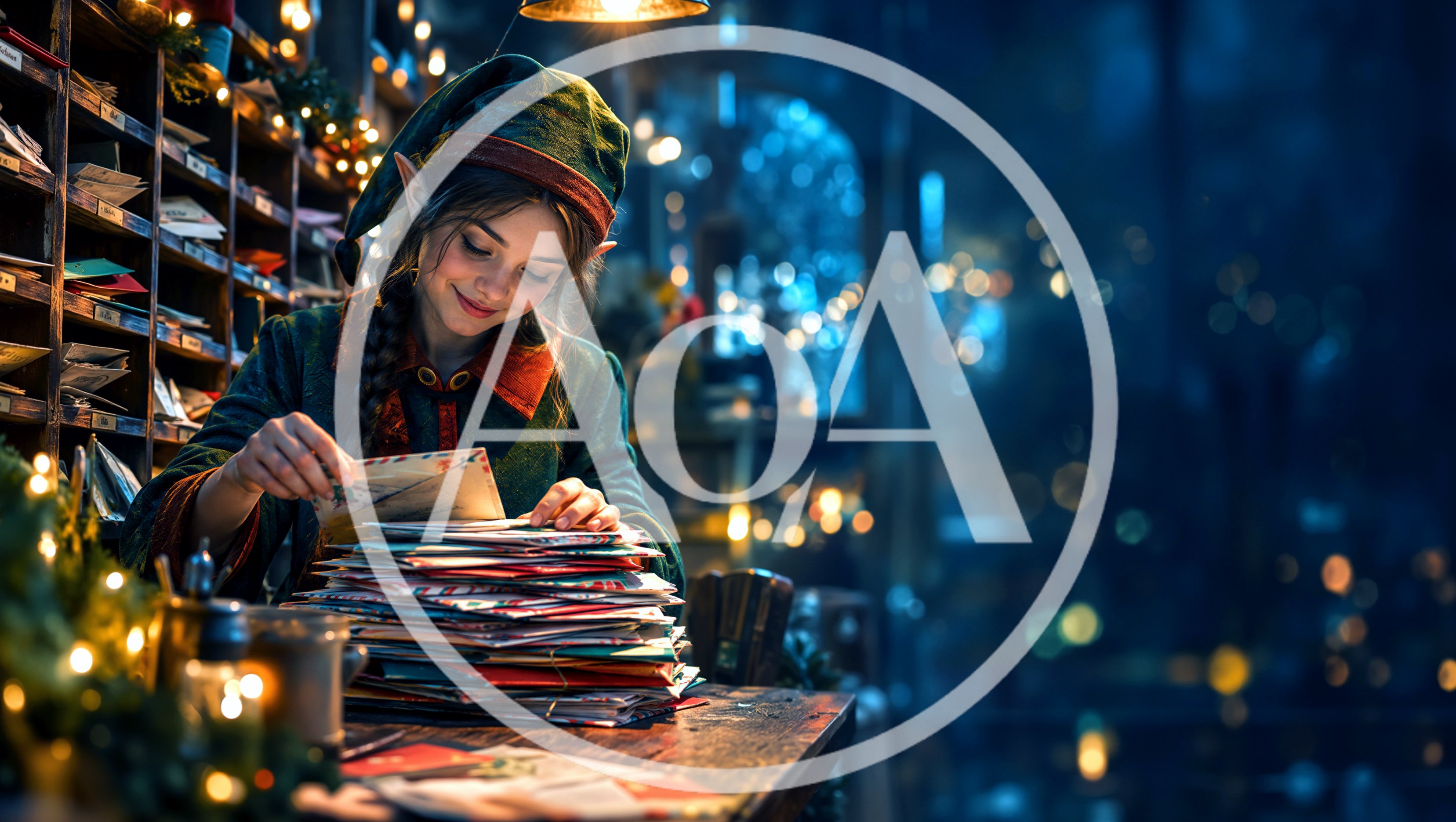 Young Elf Sorting Christmas Letters In A Workshop