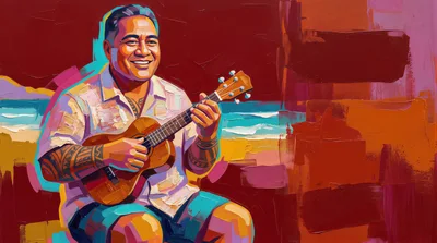 Polynesian Man Playing Ukulele On Beach