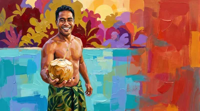 Smiling Pacific Islander Man Holding Coconut Drink