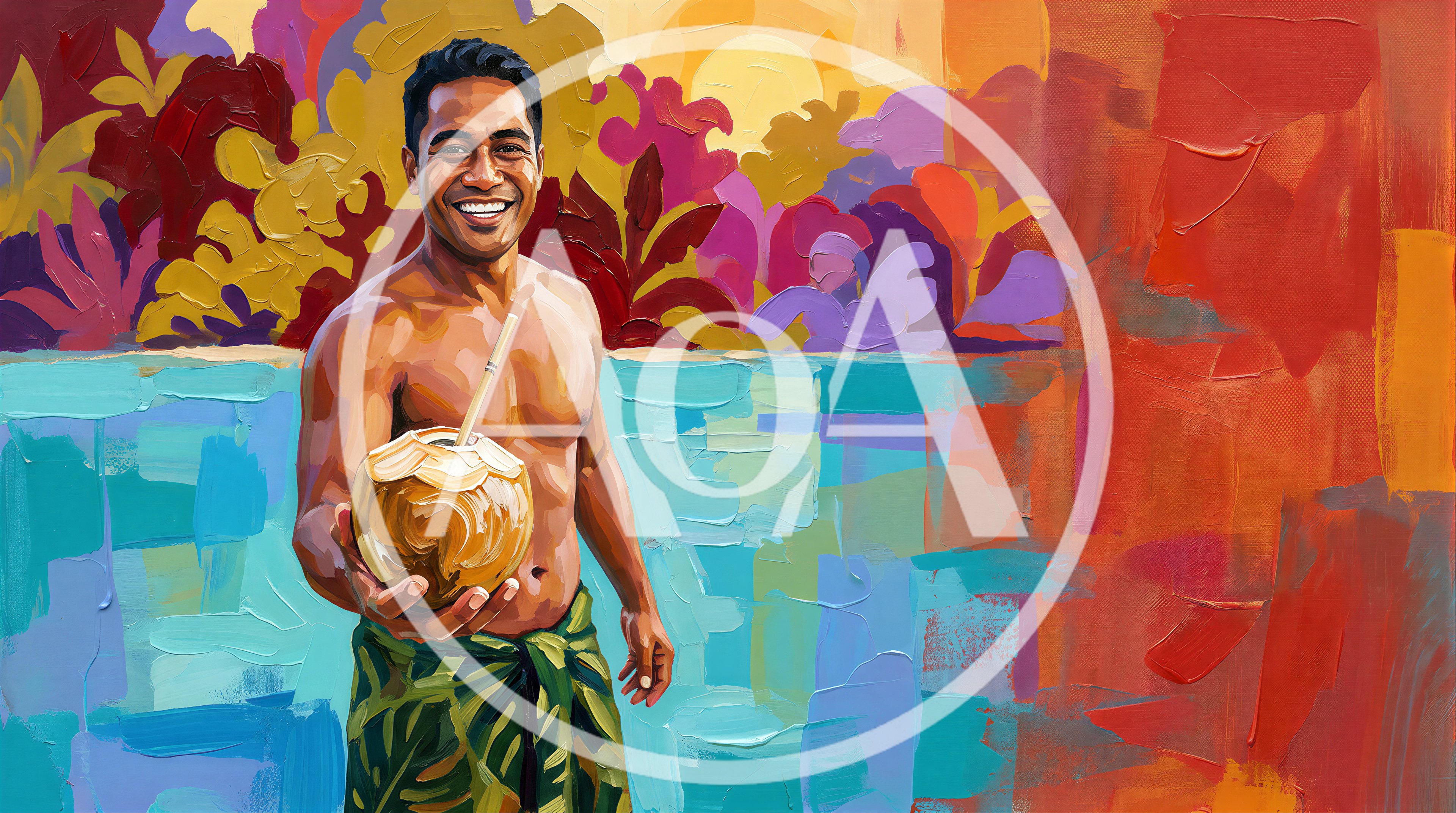 Smiling Pacific Islander Man Holding Coconut Drink