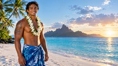 Polynesian Man Wearing Traditional Pareo and Flower Lei