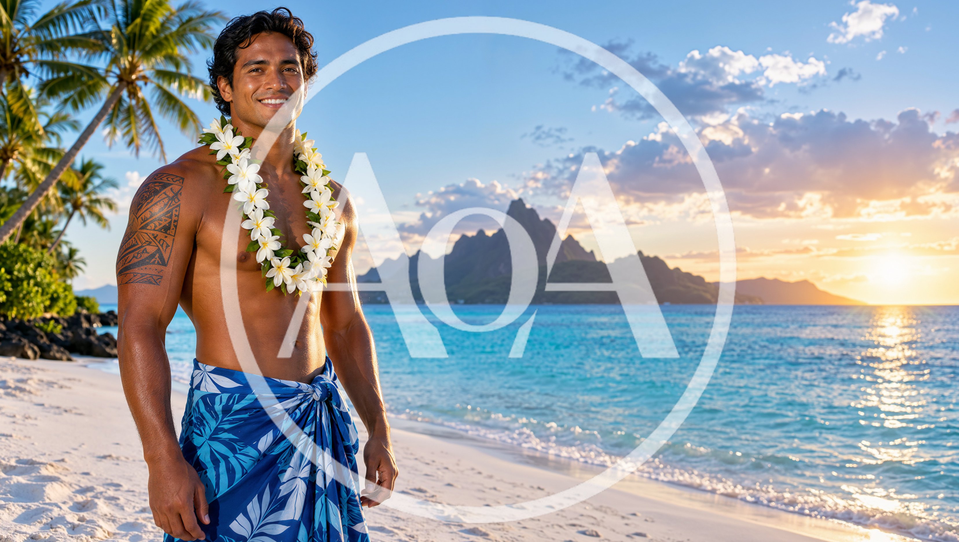 Polynesian Man Wearing Traditional Pareo and Flower Lei