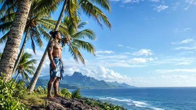 Polynesian Man Standing On Tropical Cliffside Overlooking Ocean