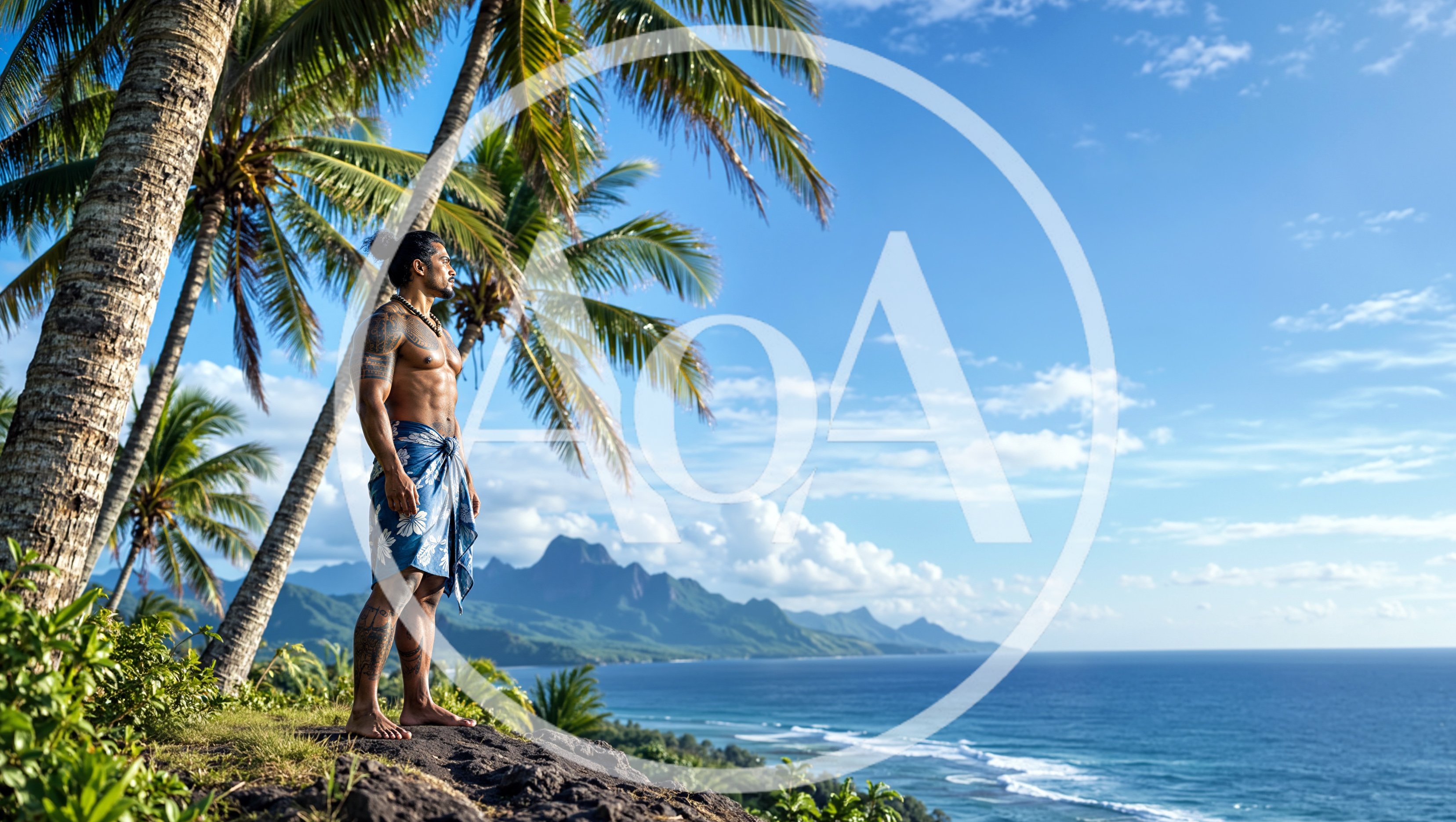 Polynesian Man Standing On Tropical Cliffside Overlooking Ocean