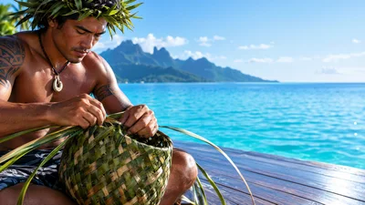 Polynesian Man Weaving Traditional Palm Leaf Basket