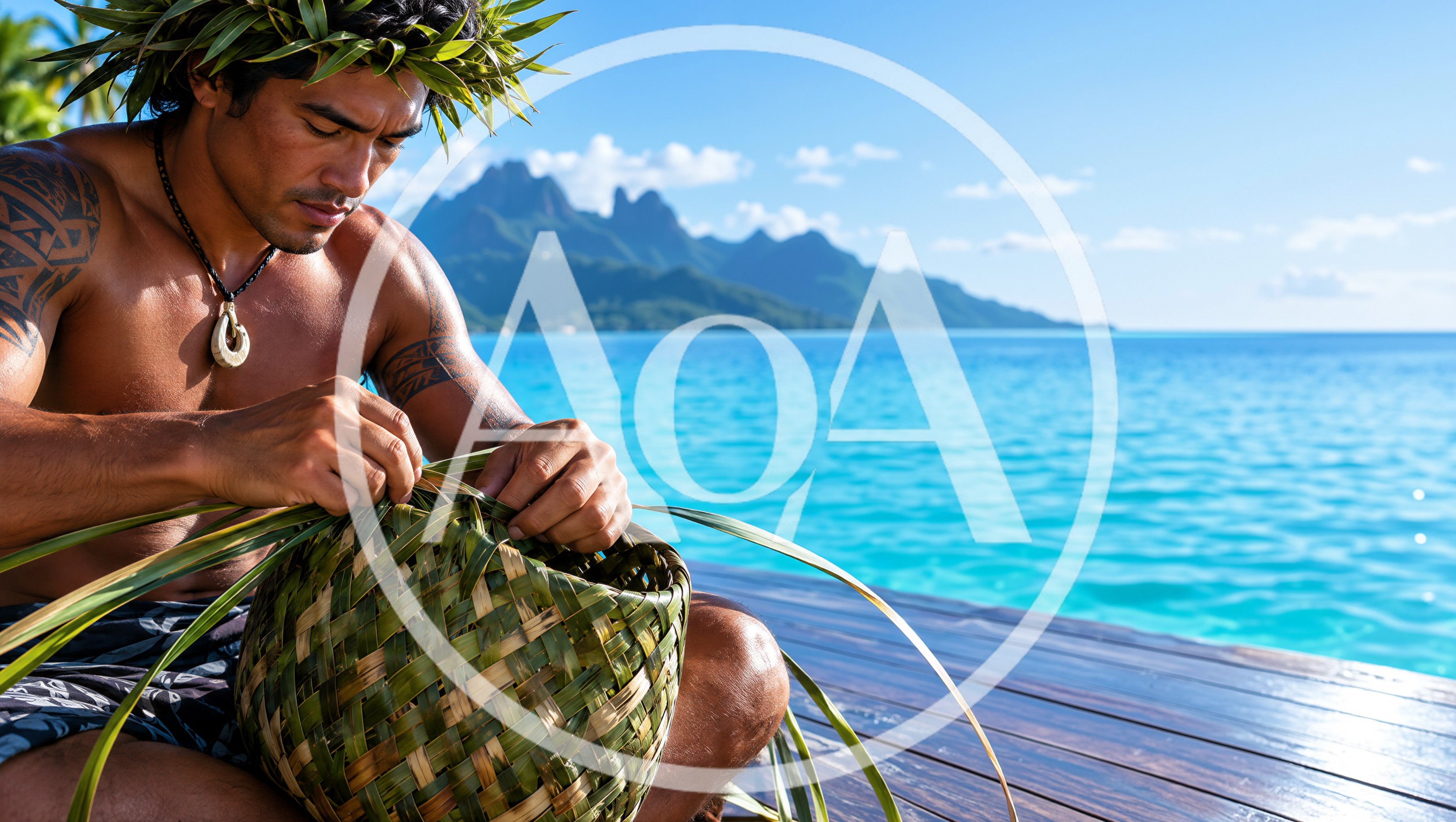 Polynesian Man Weaving Traditional Palm Leaf Basket