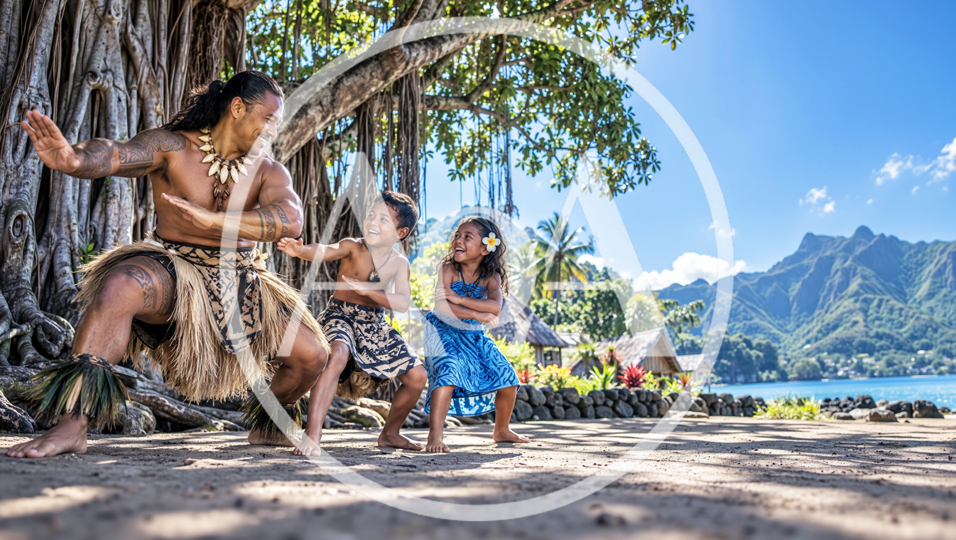 Polynesian Father Teaching Children Traditional Haka Dance
