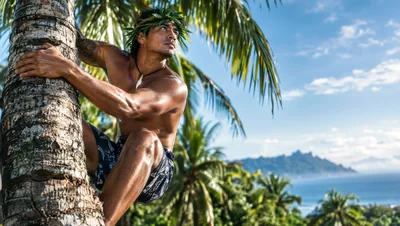 Polynesian Man Climbing A Tropical Coconut Palm Tree