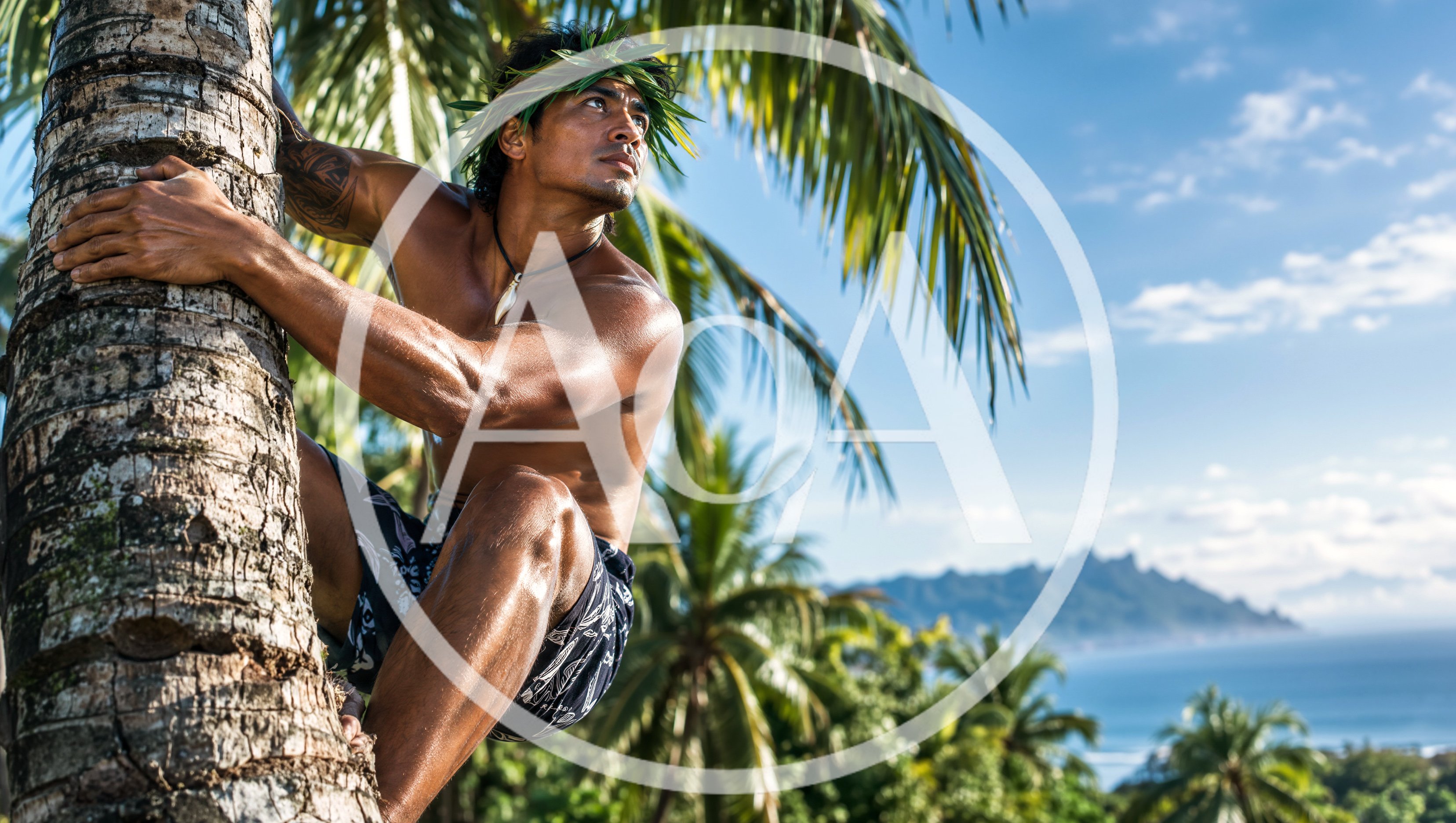 Polynesian Man Climbing A Tropical Coconut Palm Tree