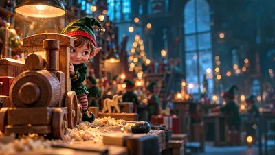 Playful Elf Crafting Wooden Toy Train in Workshop
