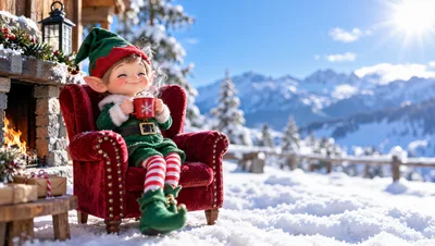 Cute Christmas Elf Sitting In Red Armchair