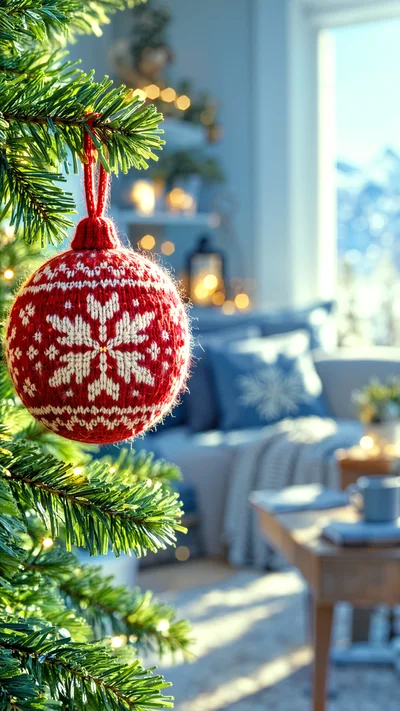 Knitted Red Christmas Ornament Hanging on Pine Tree
