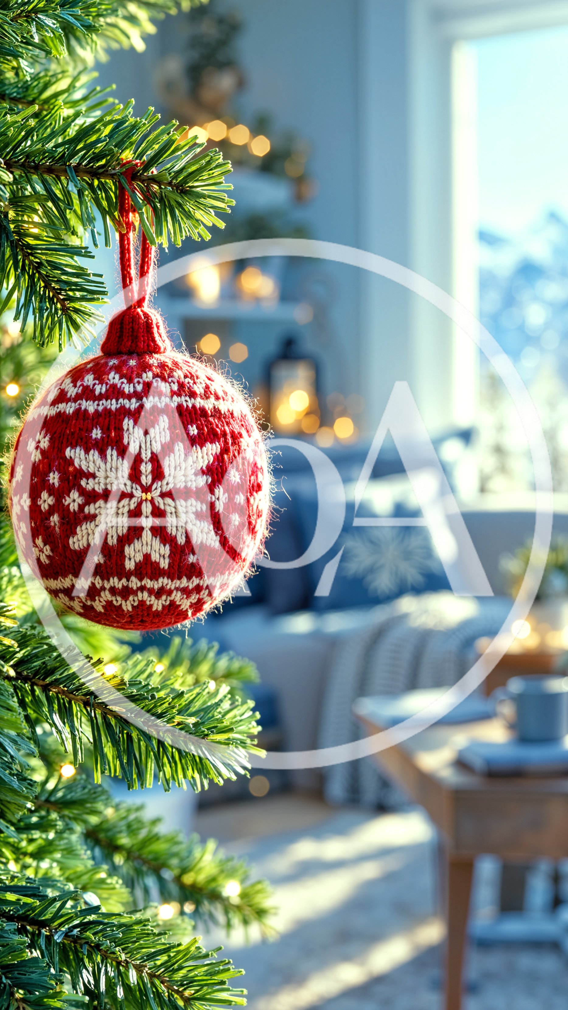 Knitted Red Christmas Ornament Hanging on Pine Tree