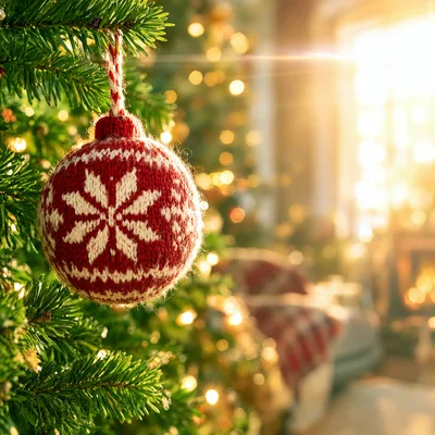 Knitted Red And White Christmas Ornament On Tree