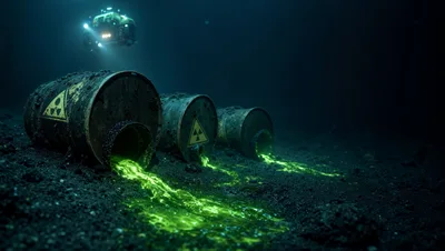 Submersible Exploring Radioactive Waste Barrels On Ocean Floor