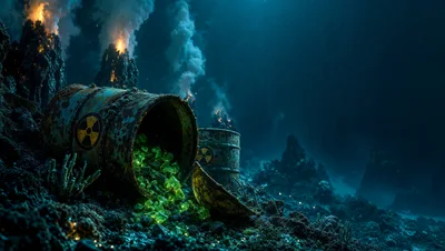 Radioactive Waste Barrels Leaking Glowing Crystals Underwater