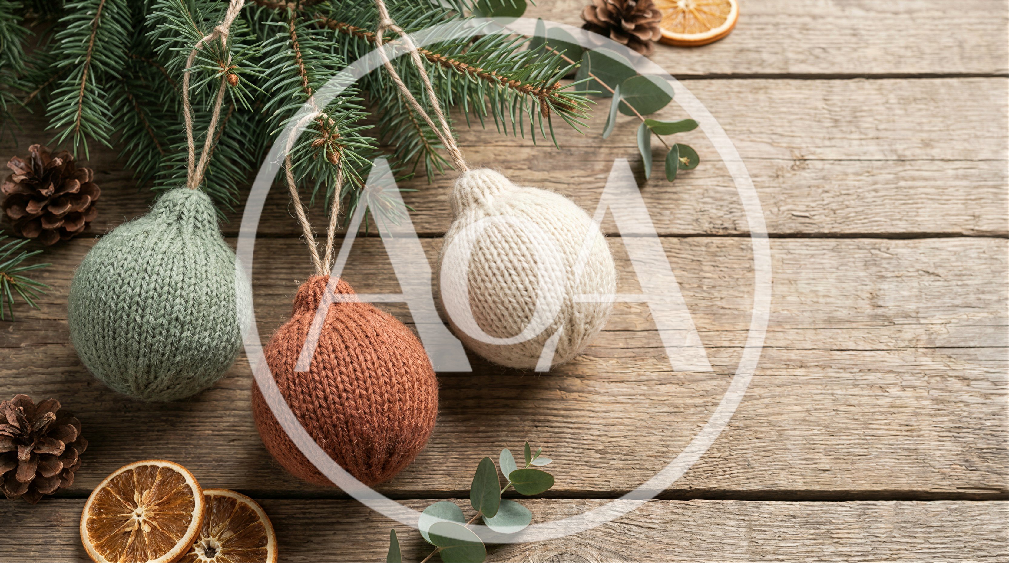 Knitted Christmas Ornaments on Rustic Wooden Background