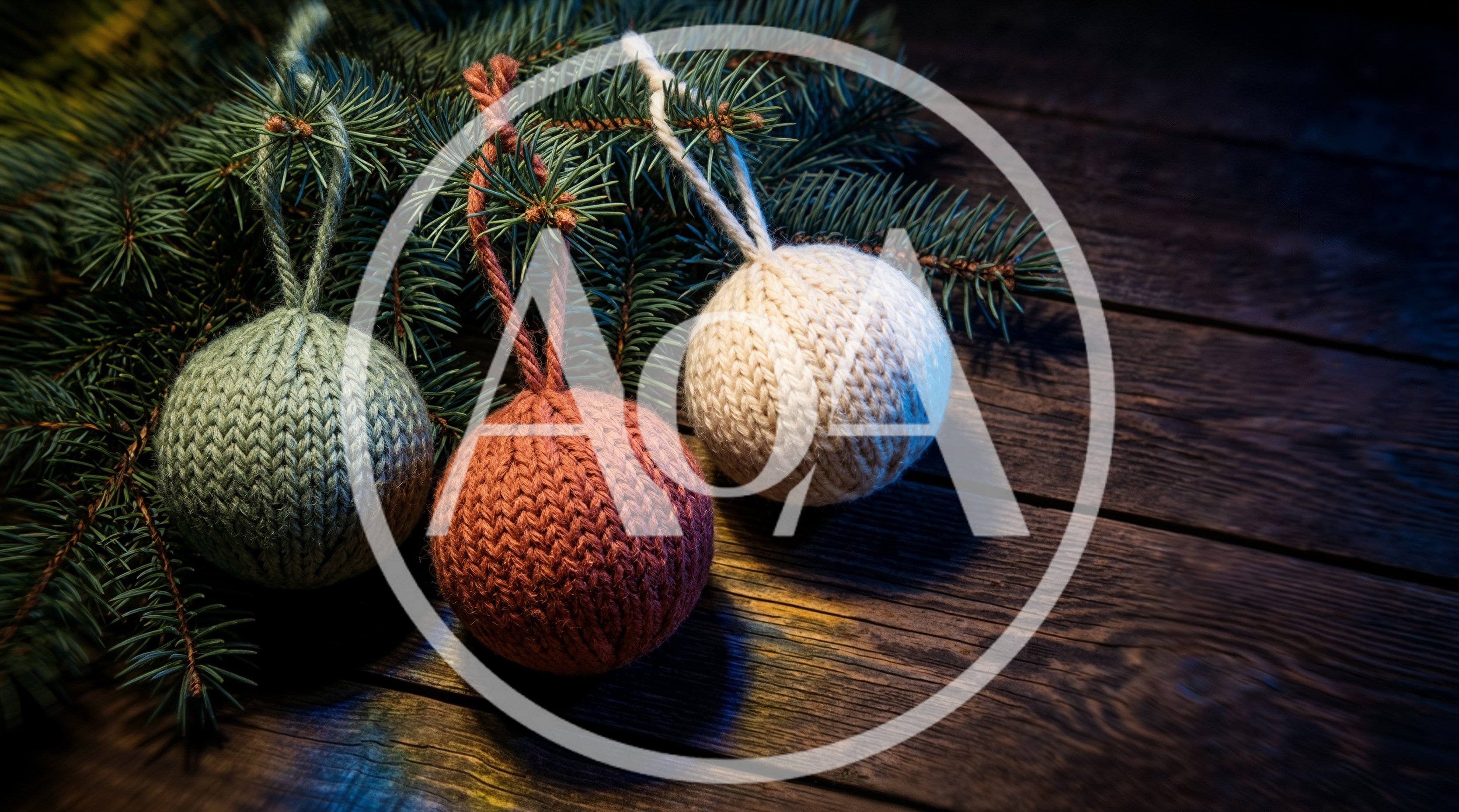 Knitted Christmas Ornaments on Rustic Wooden Background